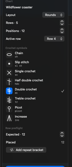 CrochetGrid symbol library and active row controls